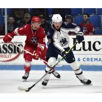 Allen Americans' Rylan Van Unen and Tulsa Oilers' Jack Clement in action