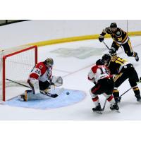 Cincinnati Cyclones' Pavel Cajan and Rhett Parsons battle Wheeling Nailers' Jared Westcott and Bennett MacArthur