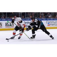 Kansas City Mavericks' Nolan Sullivan battles Wichita Thunder's Jeremie Bucheler