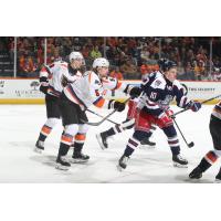 Lehigh Valley Phantoms defenseman Ethan Samson (left) vs. the Hartford Wolf Pack