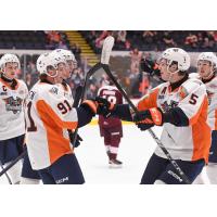 Flint Firebirds' Evan Konyen congratulates Blake Smith