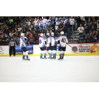 Tucson Roadrunners huddle after a goal