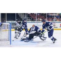 Wichita Thunder's Jake Wahlin and Worcester Railers' Andrew Nielsen, Michael Bullion, and Mason Klee in action