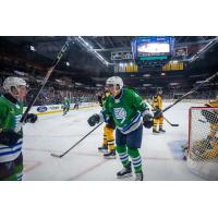 Defenseman Leo Loof (center) reacts after a Springfield Thunderbirds goal