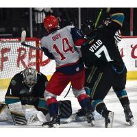 Allen Americans center Brayden Guy fights for position