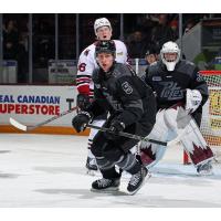 Peterborough Petes defenceman Martin Matejicek and goaltender Easton Rye vs. the Guelph Storm