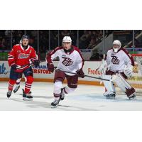 Peterborough Petes defenceman Martin Matejicek and goaltender Easton Rye vs. the Oshawa Generals