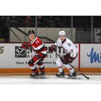 Peterborough Petes centre Aiden Young (right) vs. the Ottawa 67's