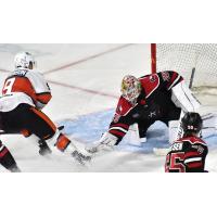 Allen Americans goaltender Anson Thornton stops the Kansas City Mavericks