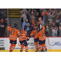 Flint Firebirds' Alex Kostov, Matthew Wang, Nolan Collins, and Hayden Reid on game night