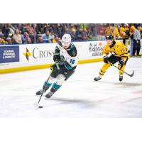 Tahoe Knight Monsters' Dominic Vidoli and Maine Mariners' Sebastian Vidmar on the ice